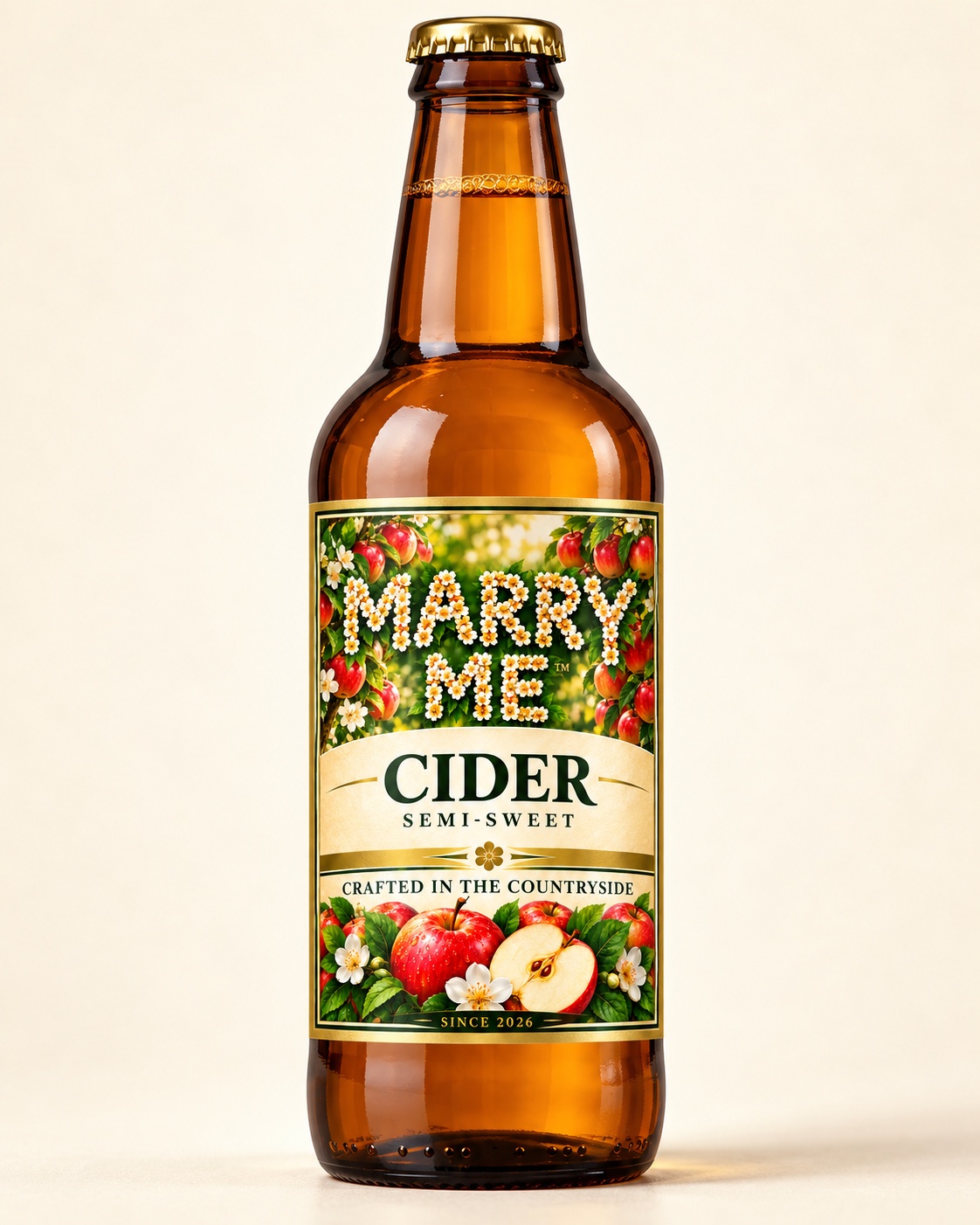 MarryMe semi-sweet apple cider on a brown 500 ml bottle